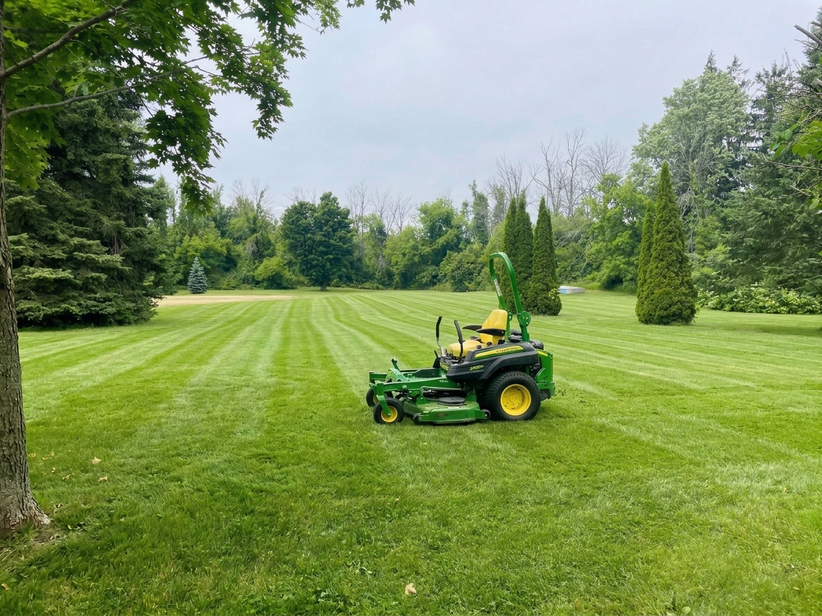 Zero-turn mower on a large striped lawn during weekly lawn care and property maintenance in Cornwall, Ontario